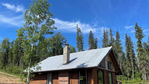 A log cabin with a metal roof, surrounded by a forest.