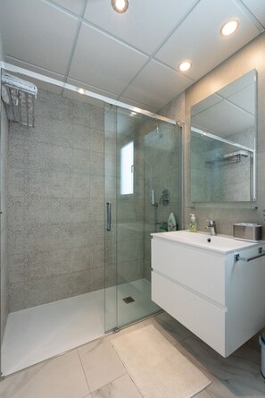 Shower, hair dryer, towels