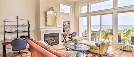 TV, fireplace, books