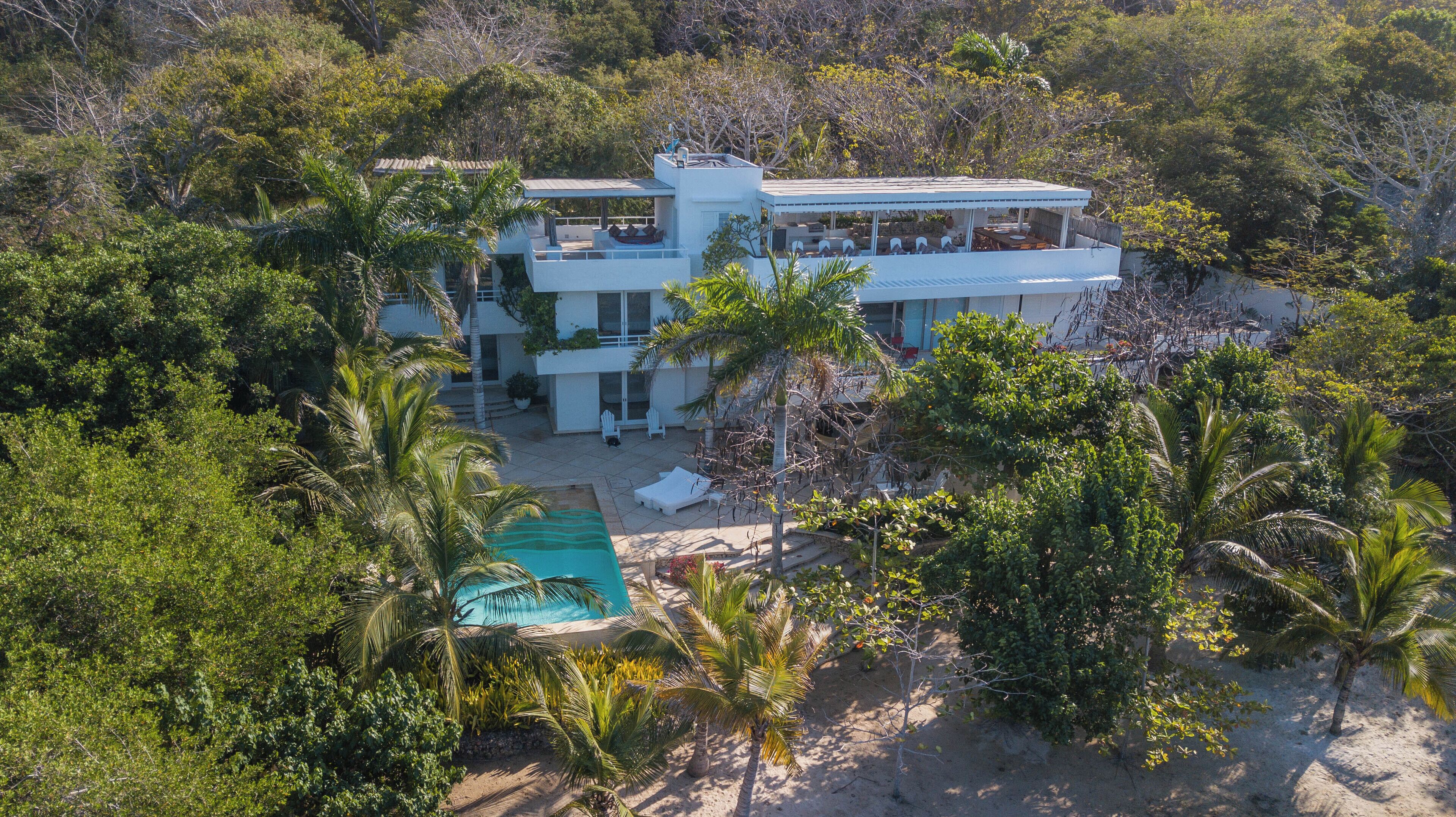 A modern house with a pool, surrounded by lush greenery and palm trees.