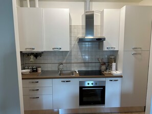 Fridge, oven, stovetop, coffee/tea maker