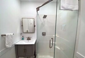 Shower, hair dryer, towels, toilet paper