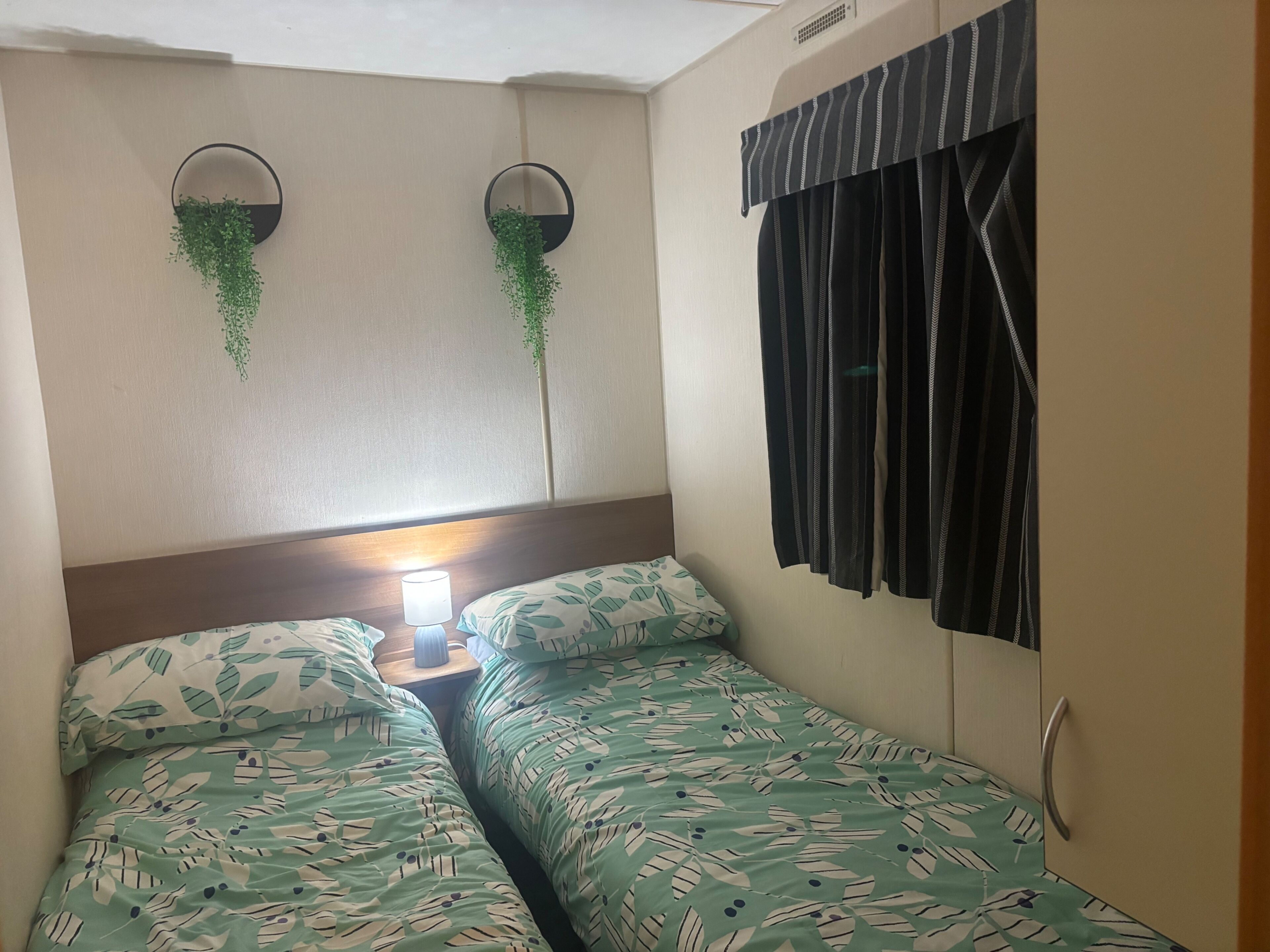 A room with two beds, each with leaf-patterned bedding, a bedside table with a lamp, and two wall-mounted planters with hanging greenery.