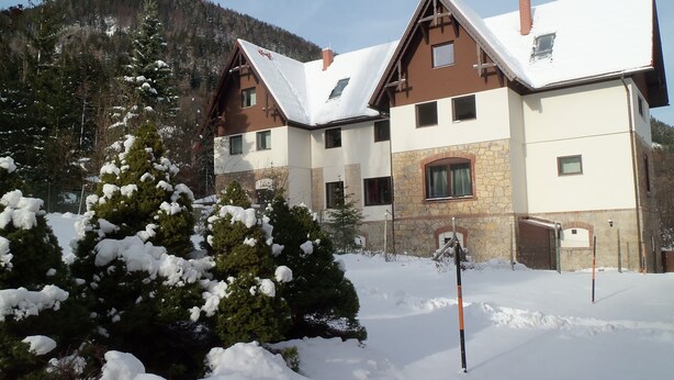 A multi-story building with a stone facade and wooden accents, surrounded by snow-covered trees. - Villa Wellspacher - Private Luxury Family Apartment 2 in Semmering - Ski Holiday (Semmering-Kurort)