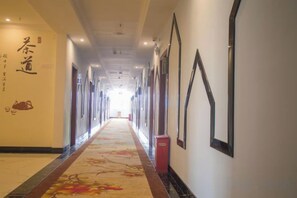 A hotel corridor with a carpeted floor, doors, and wall-mounted decorations. - Balihotel (Wuxuan)