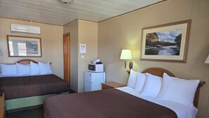 Una habitación de hotel con dos camas, un microondas, un escritorio pequeño y un cuadro en la pared.