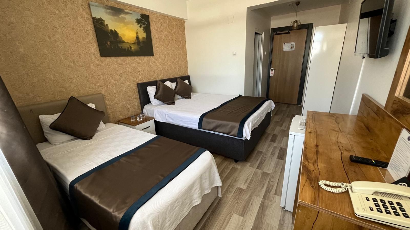 Habitación de hotel con dos camas, suelo de madera, un cuadro en la pared, un teléfono y una puerta.