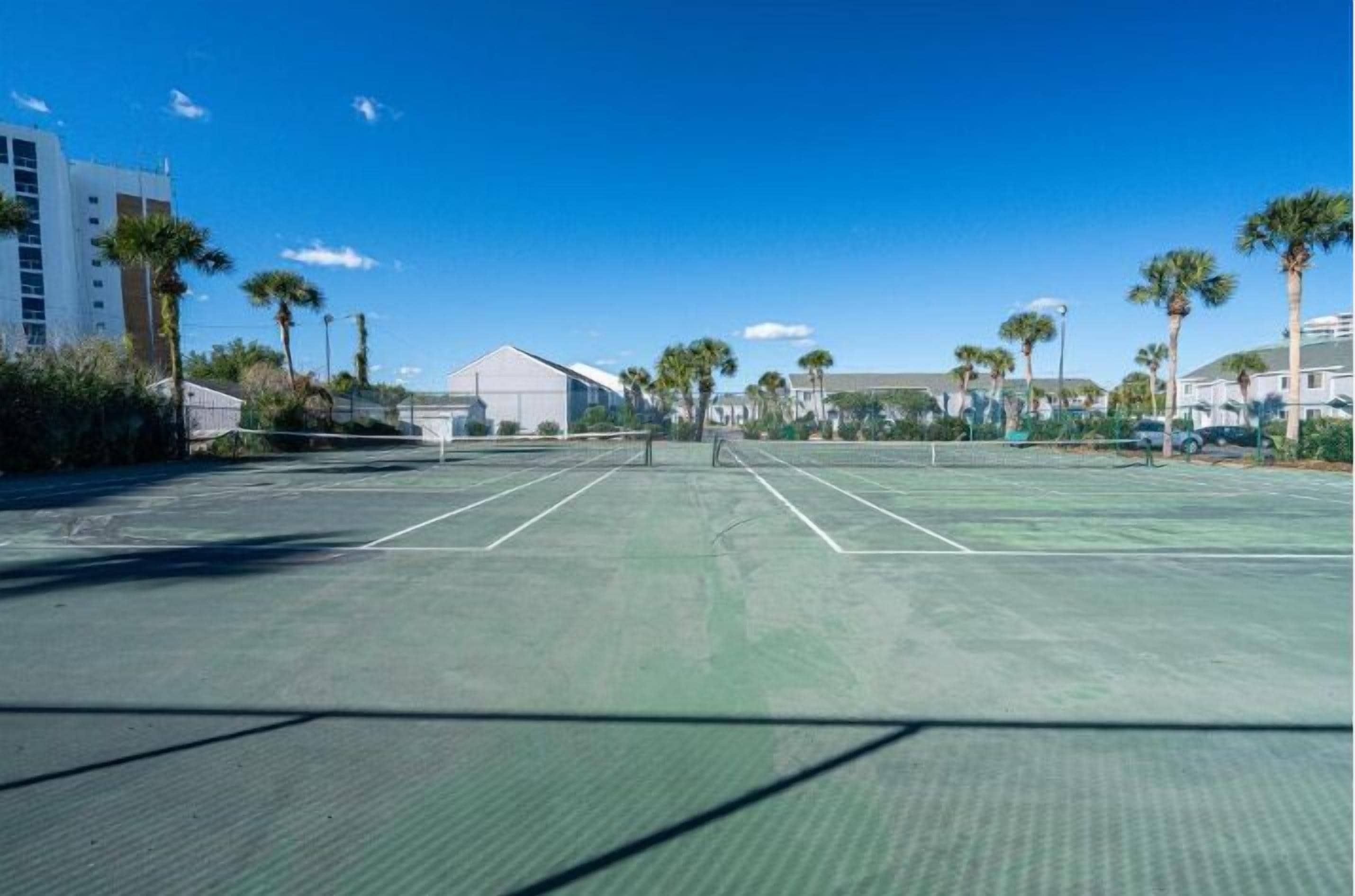 An outdoor tennis court with a net, surrounded by palm trees and buildings.