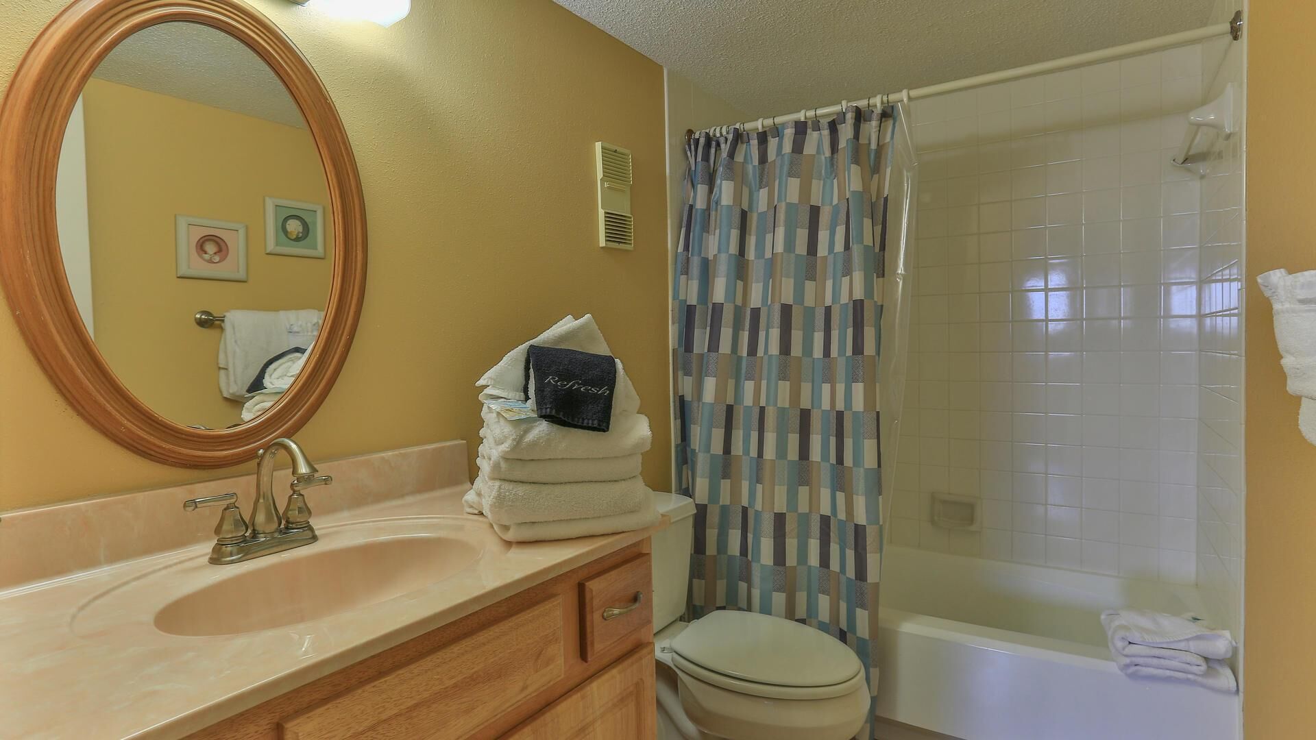 Een badkamer met een wastafel, spiegel, toilet en douchegordijn.