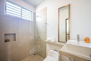 Douche, serviettes fournies, papier toilette