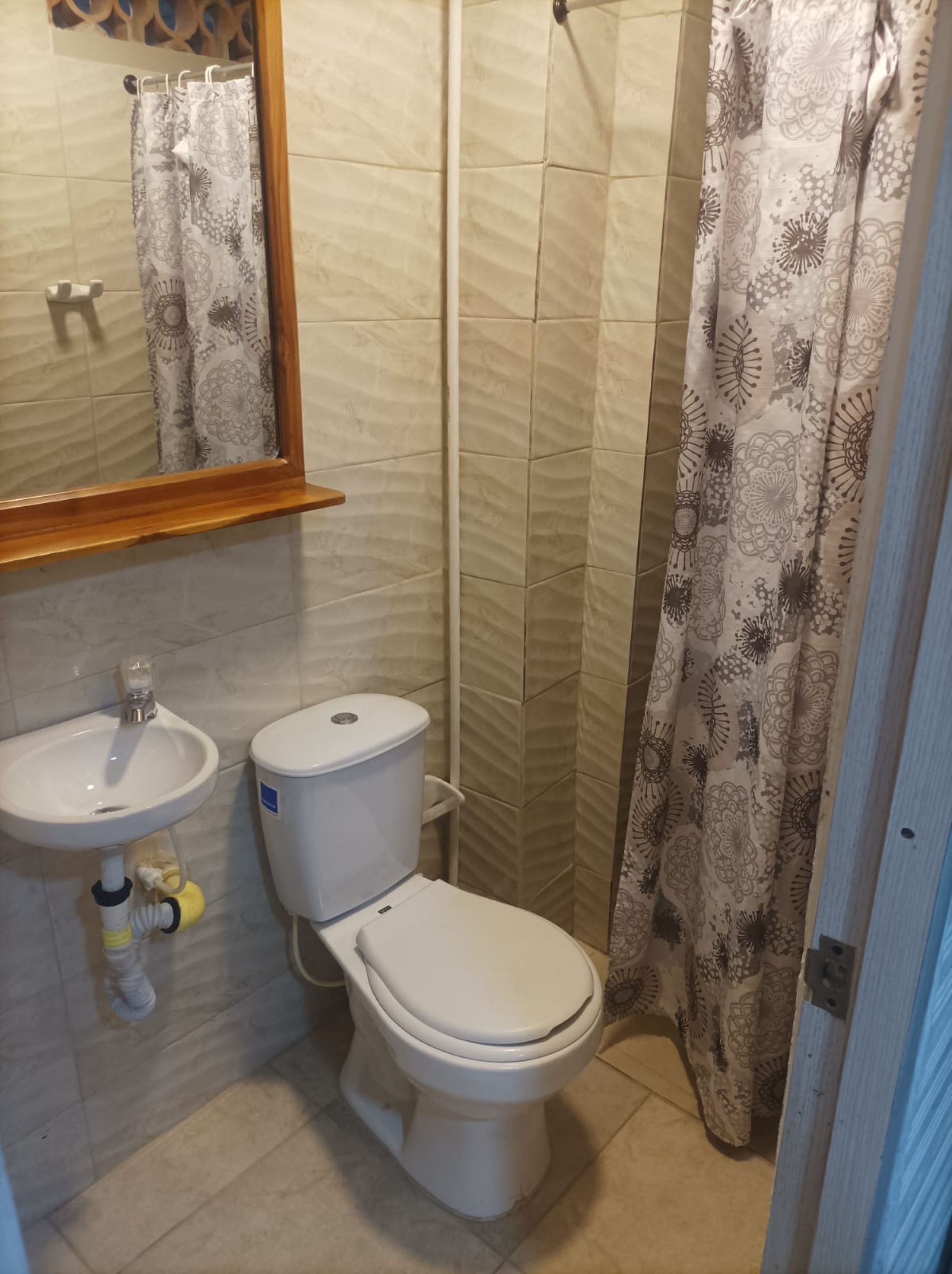 Une salle de bain équipée de toilettes, d’un lavabo et d’un rideau de douche.