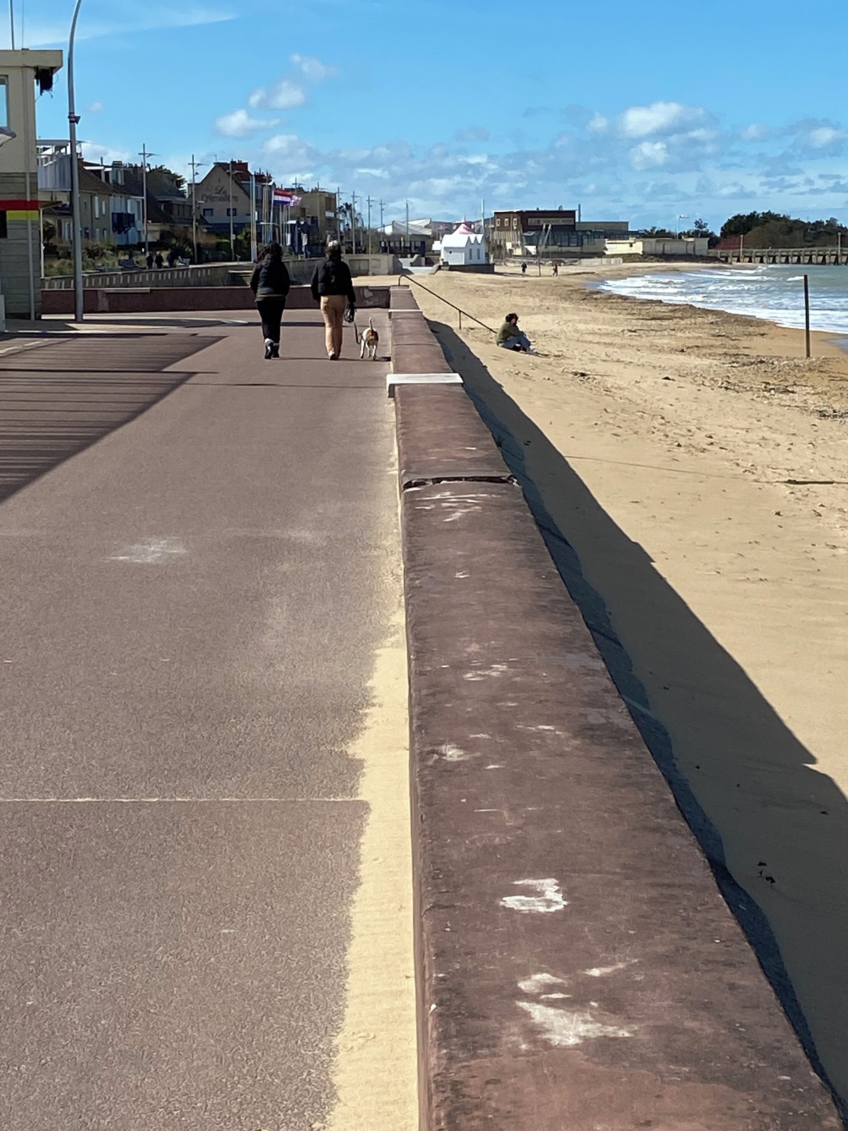 A coastal walkway with a paved path, a sandy beach, and a clear sky.