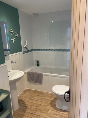 Hair dryer, towels, soap, shampoo