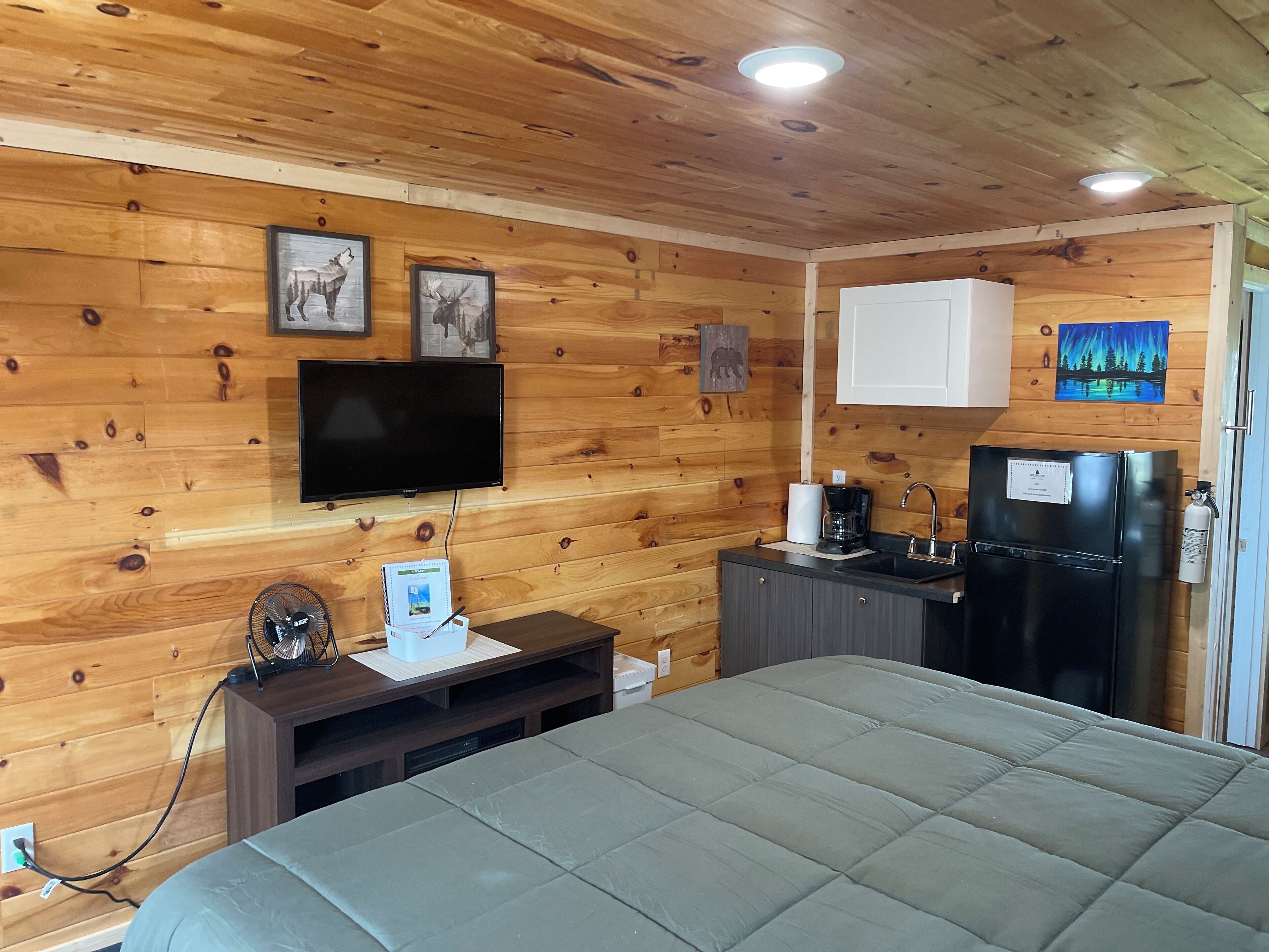 A wooden-paneled room with a bed, a TV, a small kitchenette, and a mounted artwork.