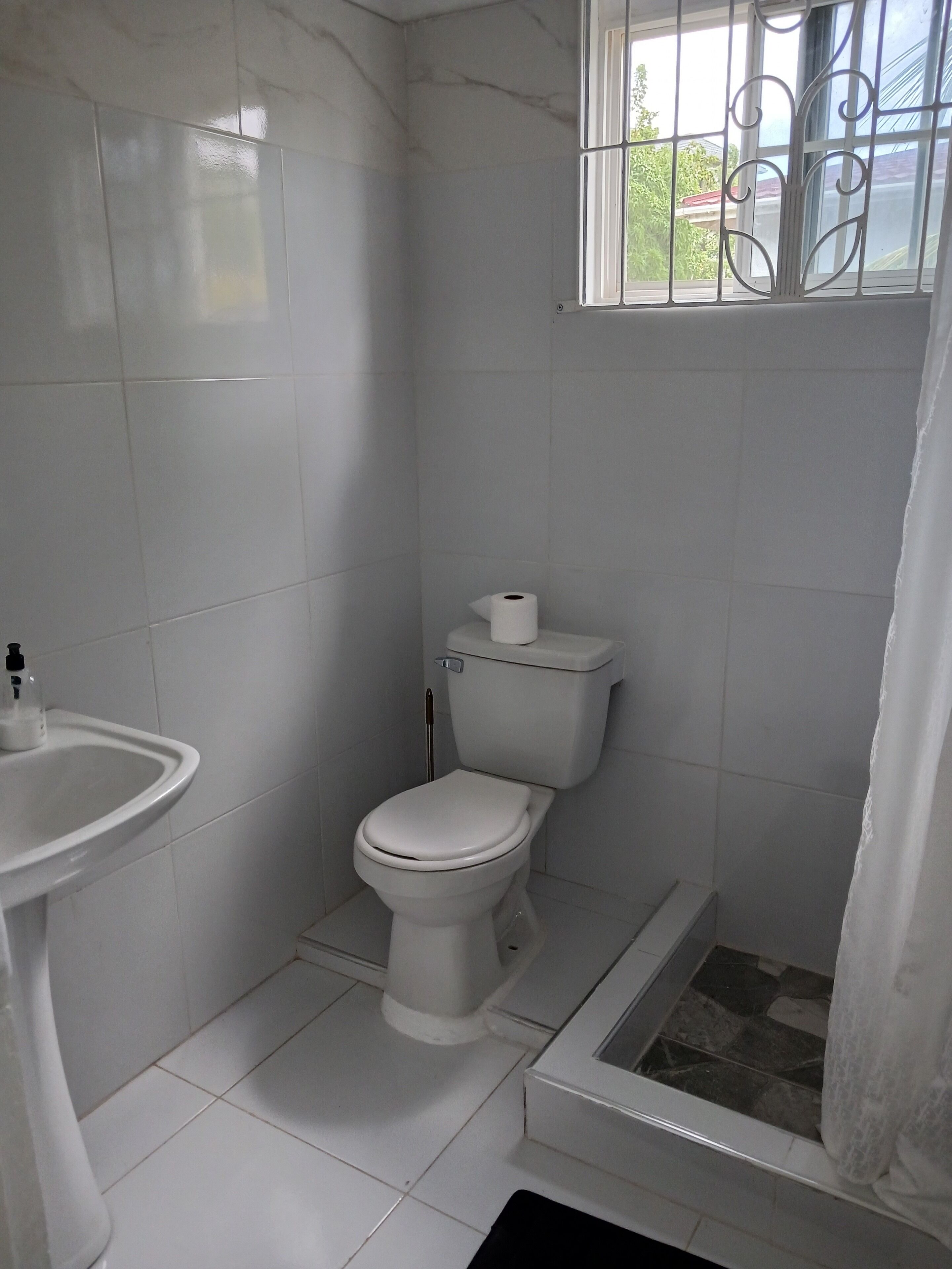 A small, white bathroom with a toilet, a sink, and a window with bars.
