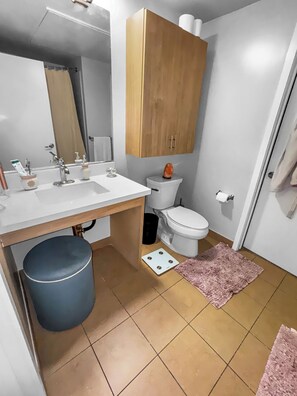 Hair dryer, towels, soap, shampoo