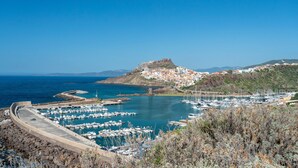 Un port de plaisance sur la côte, avec des bateaux, une colline fortifiée et une ville en contrebas.