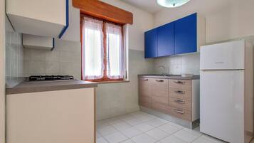 Fridge, oven, stovetop, cookware/dishes/utensils