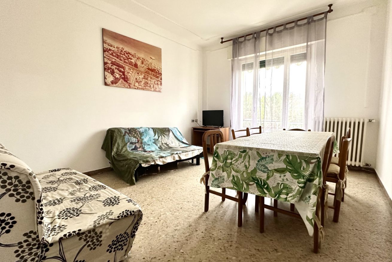 A room with a dining table, a sofa, a TV, and a radiator.