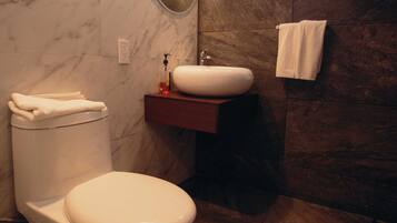 Hair dryer, towels, soap, toilet paper