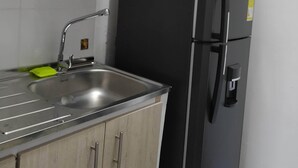 Eine Küche mit einem Edelstahlspülbecken, einem schwarzen Kühlschrank und Holzschränken.