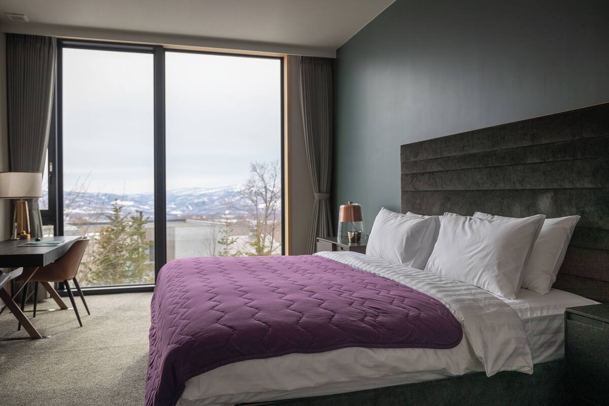 Habitación de hotel con una cama grande, un escritorio y vistas al exterior.