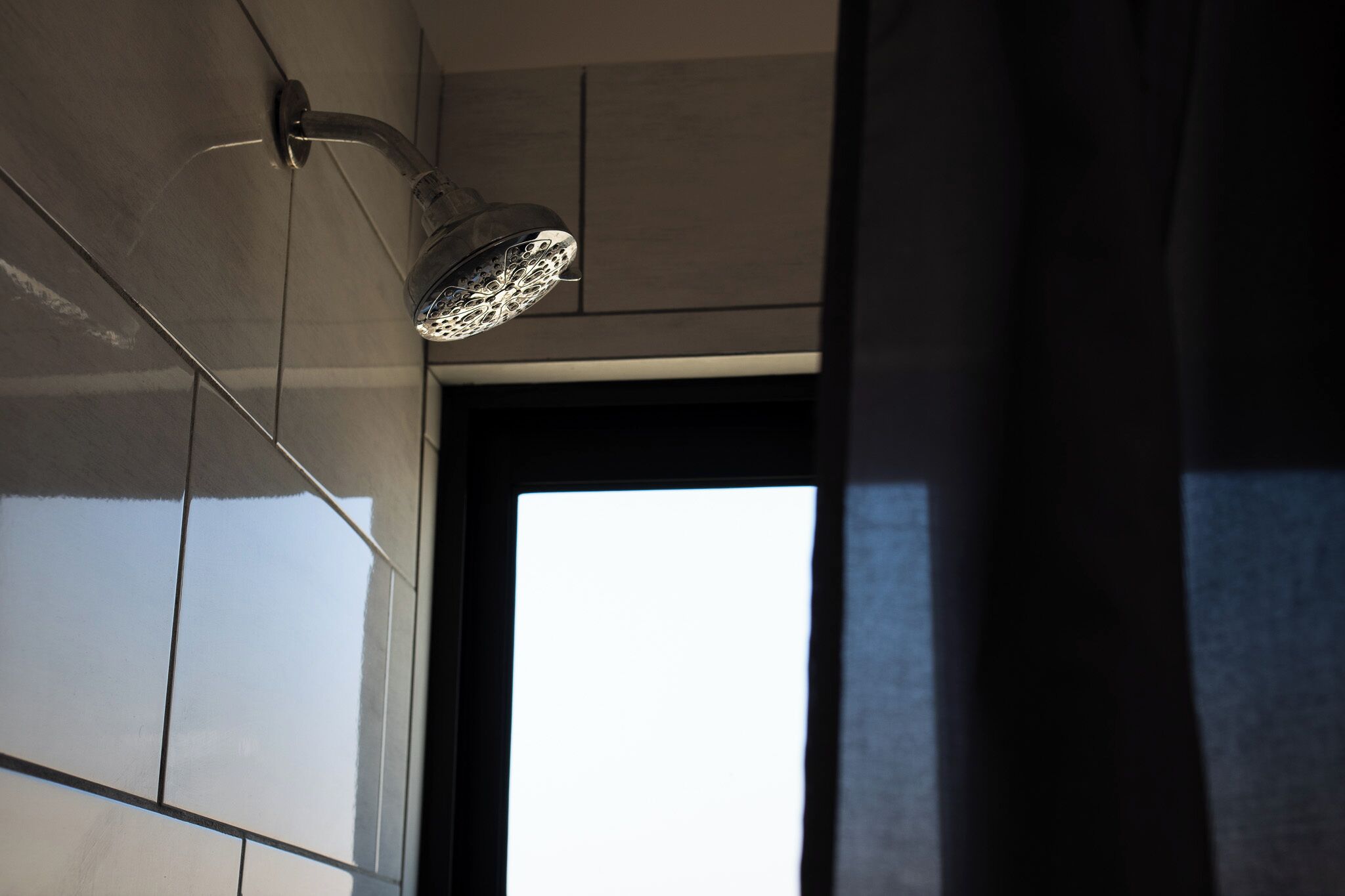 A showerhead mounted on a tiled wall, a window with a view, and a door frame.
