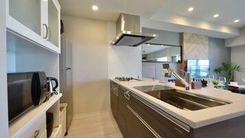 Apartment | Private kitchen | Fridge, microwave, stovetop, electric kettle