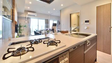 Apartment | Private kitchen | Fridge, microwave, stovetop, electric kettle