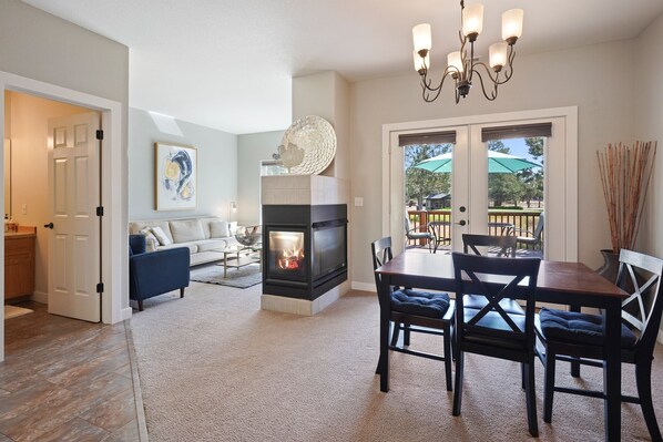 Smart TV, fireplace, books