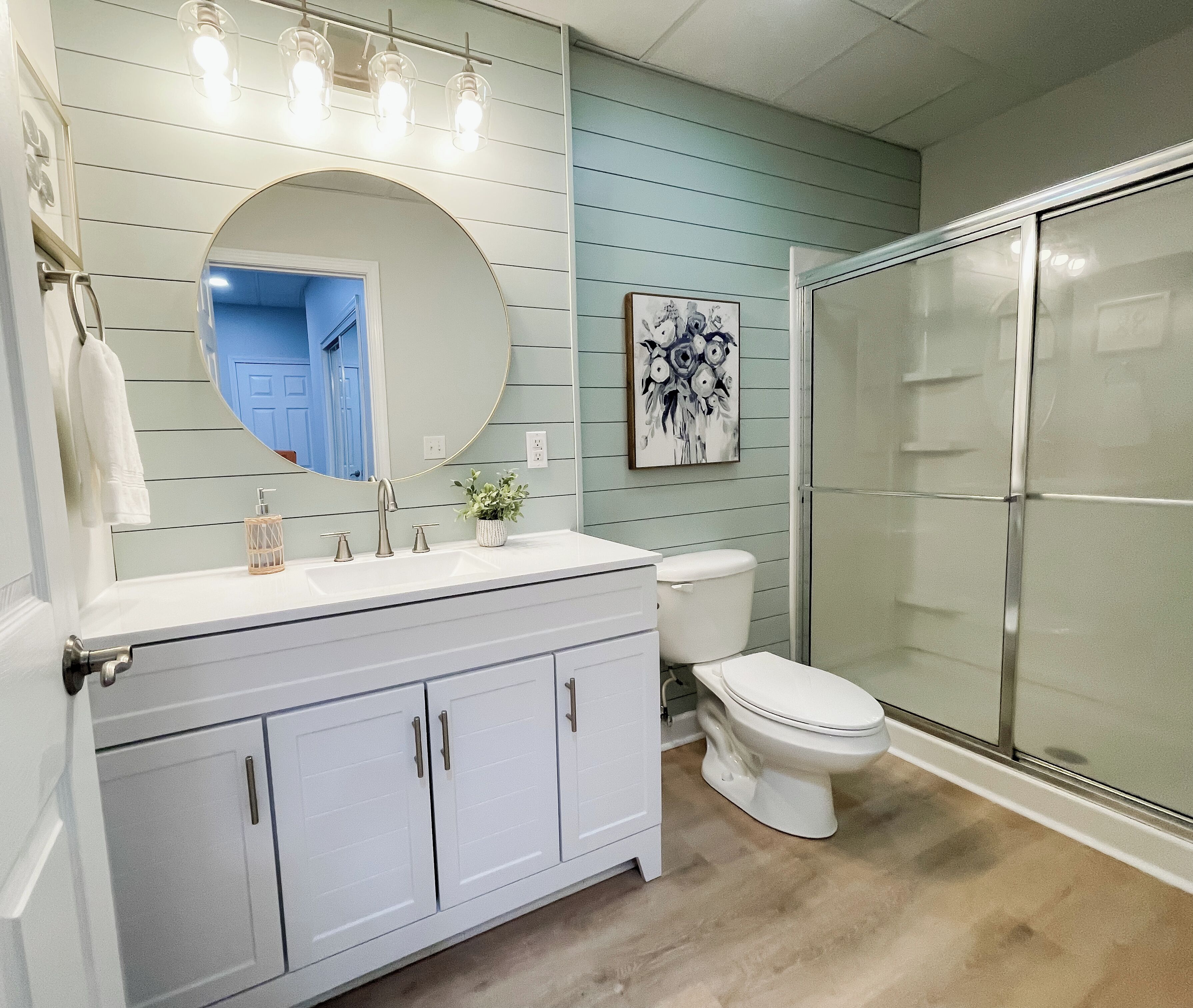 Hair dryer, towels, soap, toilet paper