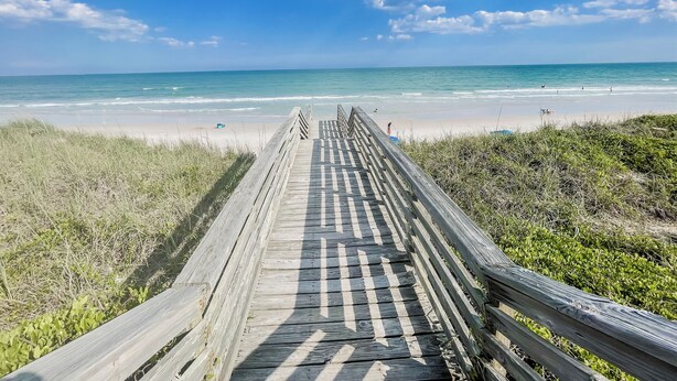 A wooden boardwalk leading to a beach with clear skies and ocean views. - ☀️Beachfront☀️ 2Br 2Ba with Heated Pool, Playground, Gym, and Arcade! (North Topsail Beach)