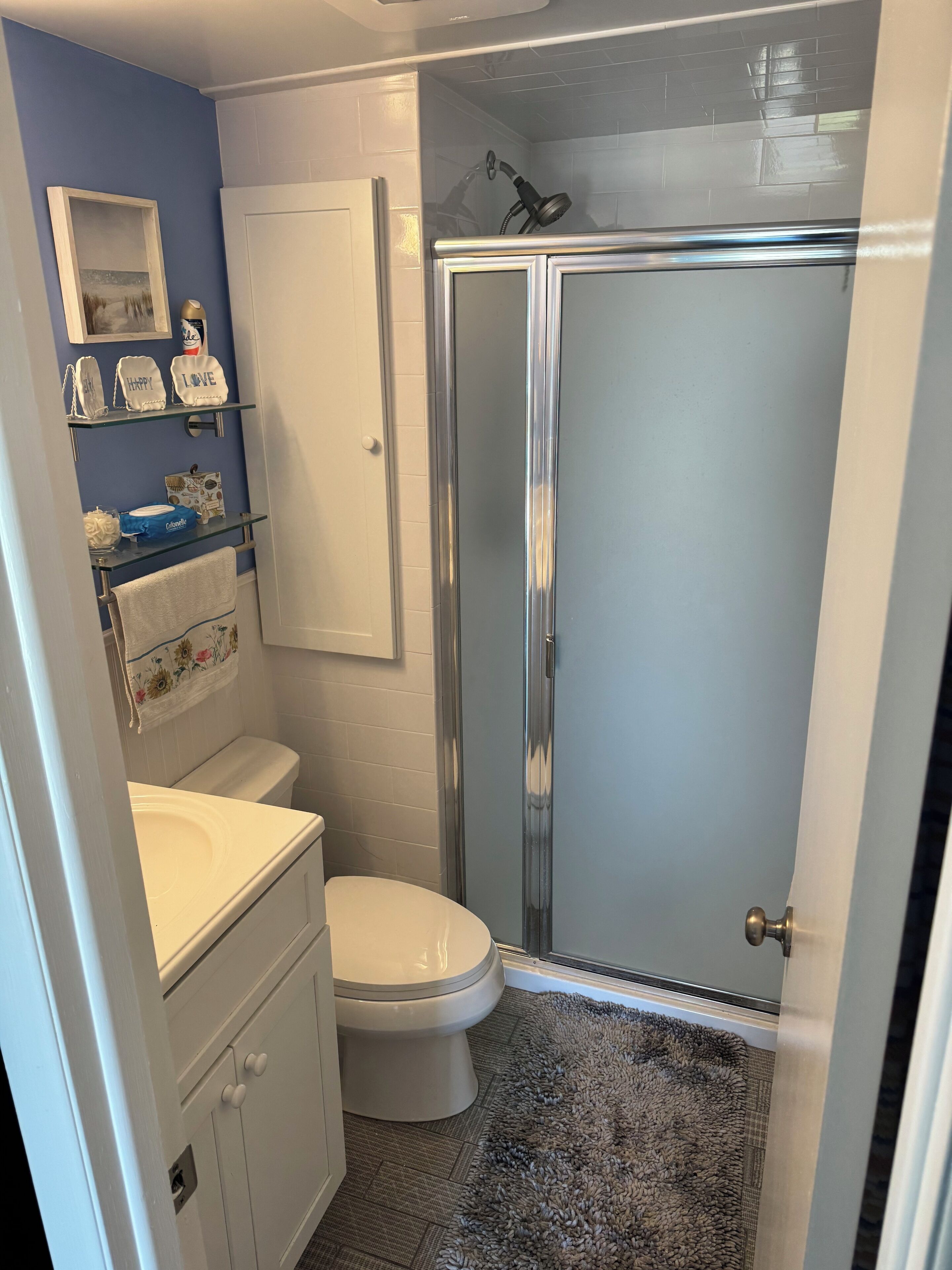 A bathroom with a shower, toilet, and vanity.