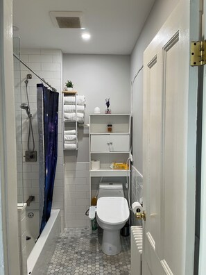 Hair dryer, soap, shampoo, toilet paper