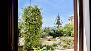 Une vue à travers une fenêtre sur un jardin avec une fontaine, un grand arbre et un bâtiment en arrière-plan.