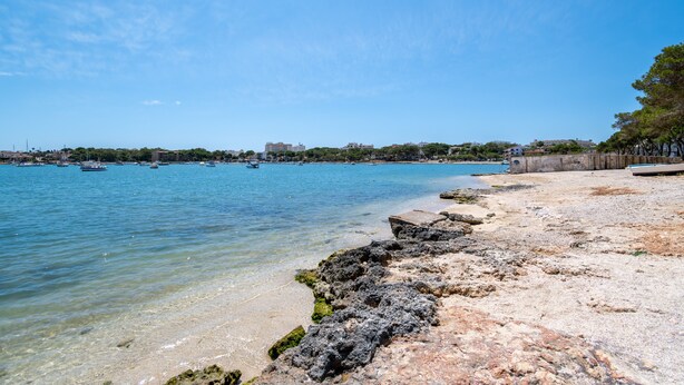 Uma praia costeira com água cristalina, margem rochosa e edifícios ao longe.