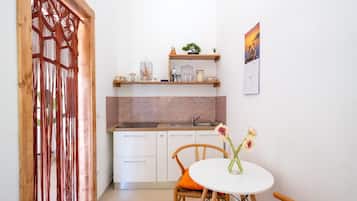 Køleskab, kogeplade, køkkentøj/tallerkener/redskaber, krydderier