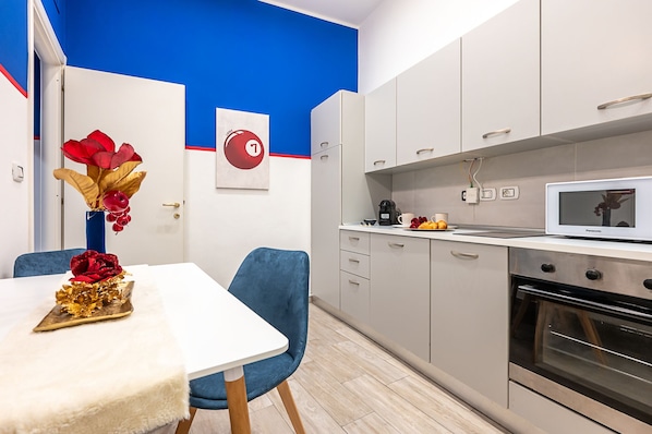 Fridge, microwave, oven, electric kettle