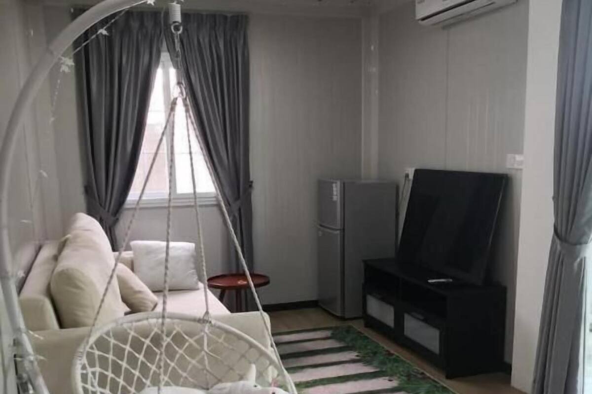 A living room with a hanging chair, a sofa, a flat-screen TV, a refrigerator, and a striped rug.