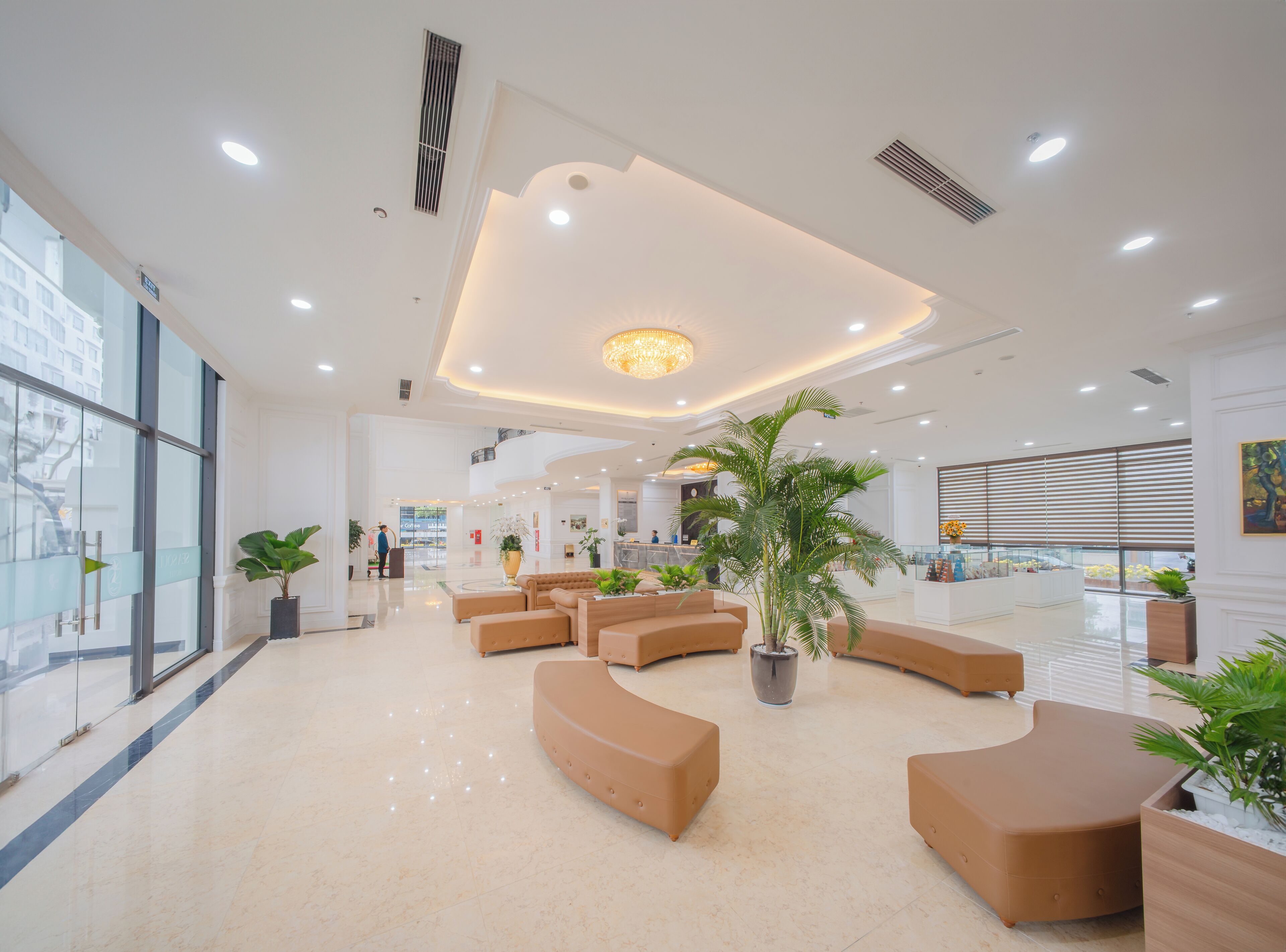 Een moderne hotellobby met een ruim opgezette indeling, een centraal zitgedeelte en een grote plant.