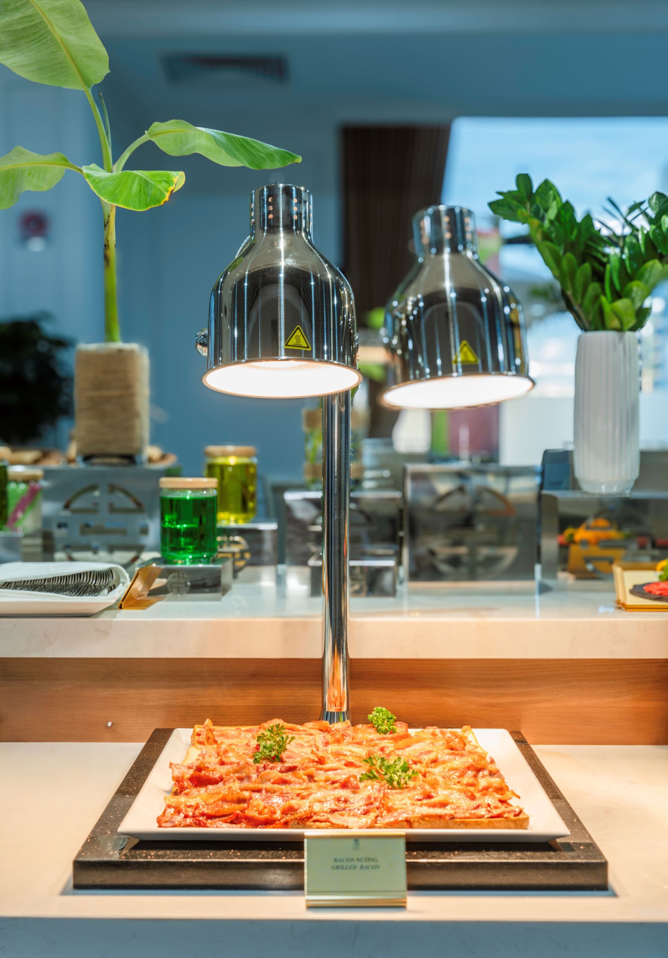 A buffet setup with a plate of food, a sign indicating 'Bacon Wrapped Bacon', and a plant in the background.