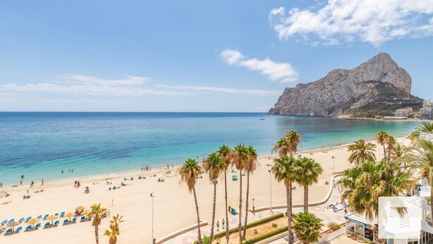 A beach with palm trees, a rocky mountain, and clear blue water.