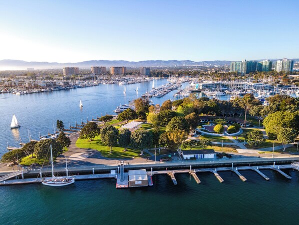 A marina with multiple docks and boats, surrounded by greenery and urban buildings.