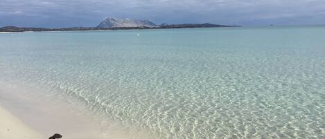 Una playa con agua cristalina y una montaña al fondo.