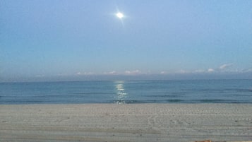 A beach with a clear sky and calm sea.