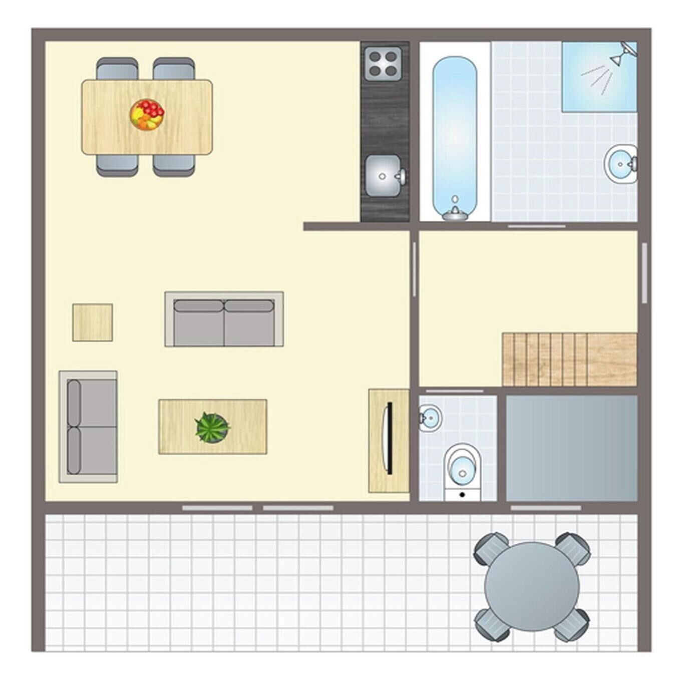 Planta d'un apartament amb dues habitacions, zona de menjador, cuina i un petit saló.