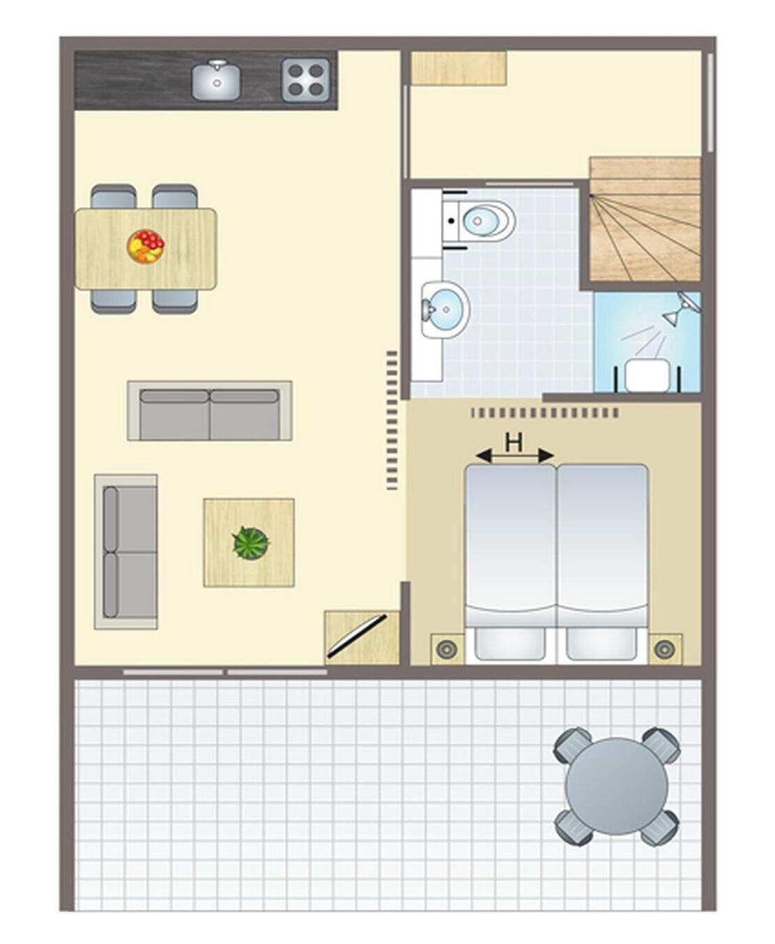 A floor plan of a hotel room with a kitchenette, a dining area, a bathroom, and a seating area with a table and chairs.