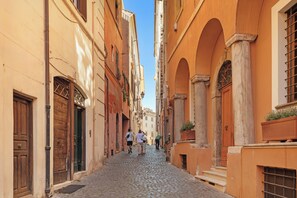 Une ruelle étroite pavée, bordée d’immeubles aux portes et fenêtres en arc de cercle, ce qui évoque un cadre historique ou traditionnel.