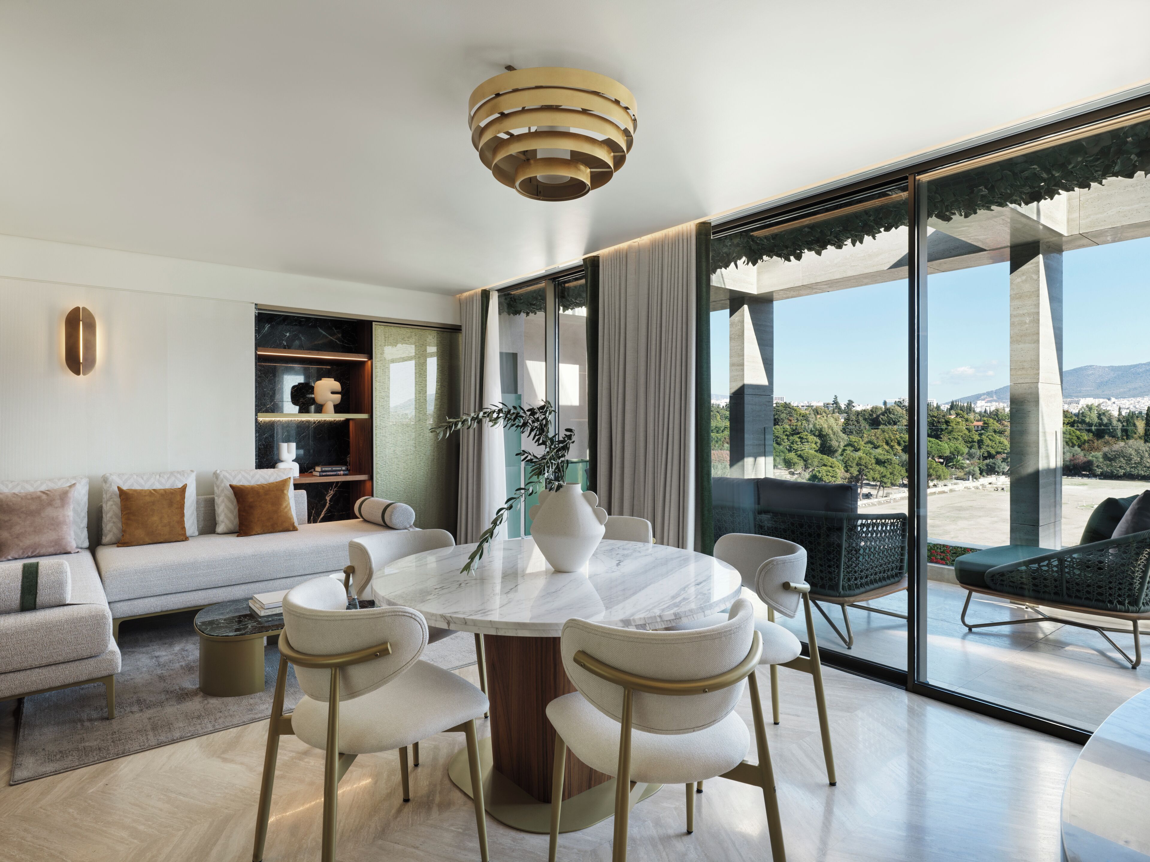 Zeus Presidential Suite with Balcony, Temple View & outdoor Jetted Tub | Living area | 43-inch flat-screen TV with cable channels