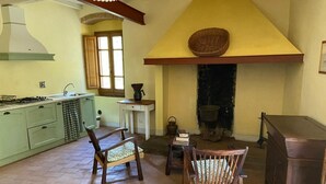 A kitchen with green cabinets, a stove, and a chimney. There are two wooden chairs and a small table with books. - Apartment in Farmhouse (Pelago)